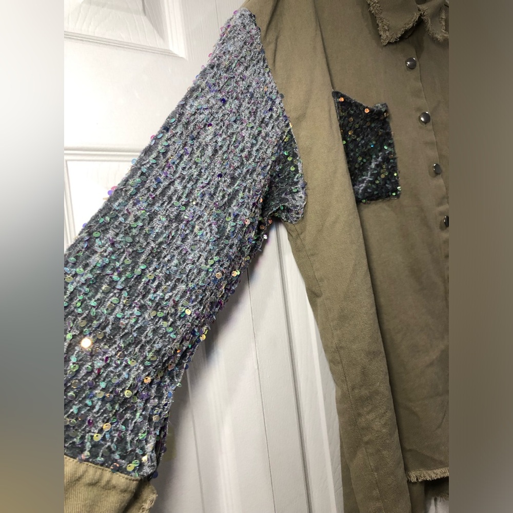 Women Sequin Patchwork Long Sleeve Sparkle Casual Glitter Jeans Bomber Jacket - Picture 4 of 10
